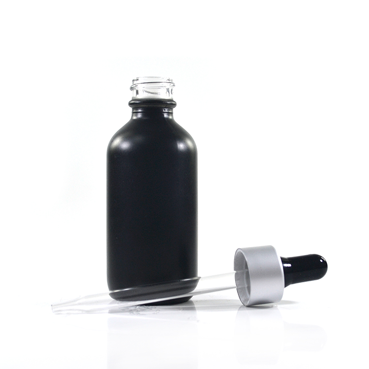 2 oz 60ml matte black boston round glass bottle with dropper cap for essential oil