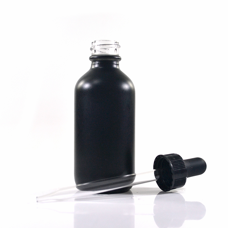 2 oz 60ml matte black boston round glass bottle with dropper cap for essential oil