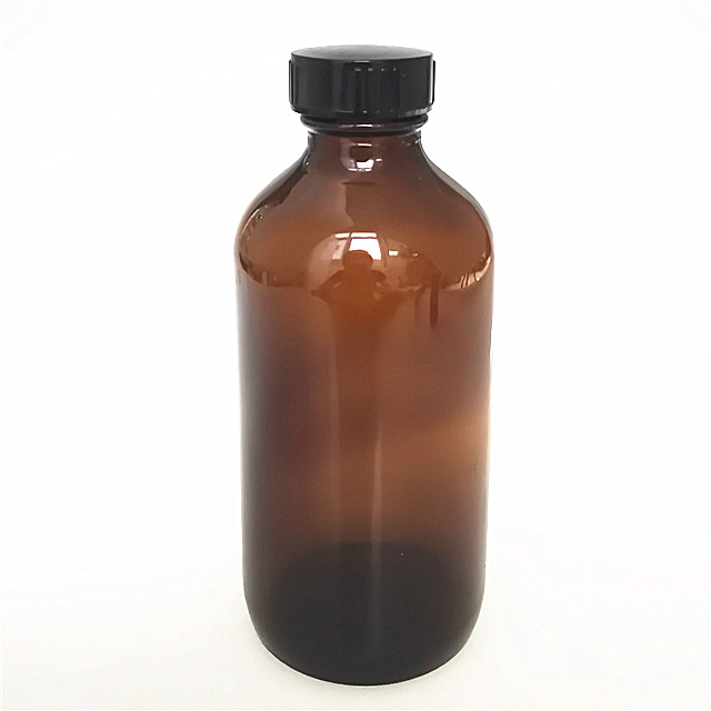 2 oz 8 oz 250 ml amber boston round glass bottles with black bakelite cap