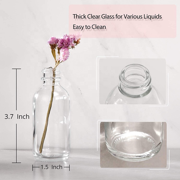 2 oz Clear Glass Bottles With Lids 60ml Small Boston Round Sample Bottles for Potion, Juice, Ginger Shots, Oils