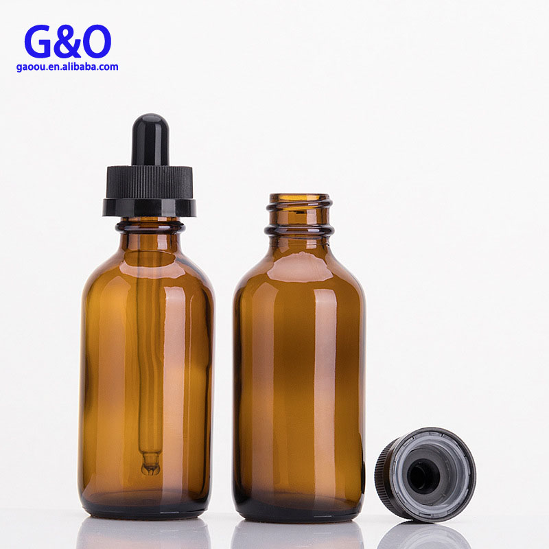 2 oz amber boston round glass pipette dropper bottles essential oil e cig oil glass bottle with CRC cap