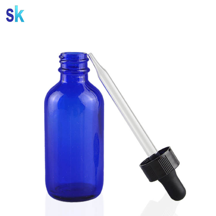 2 oz cobalt blue boston round glass e liquid dropper bottle