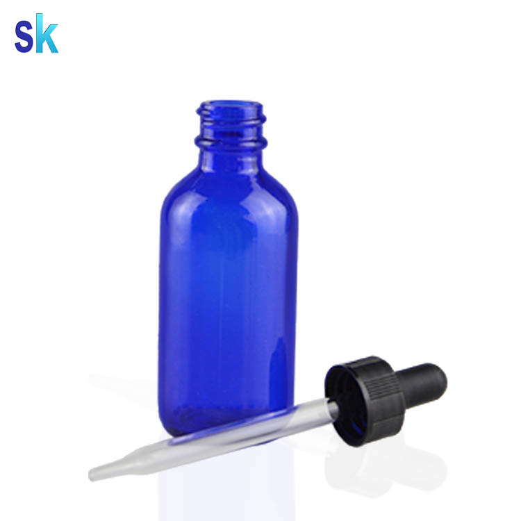 2 oz cobalt blue boston round glass e liquid dropper bottle