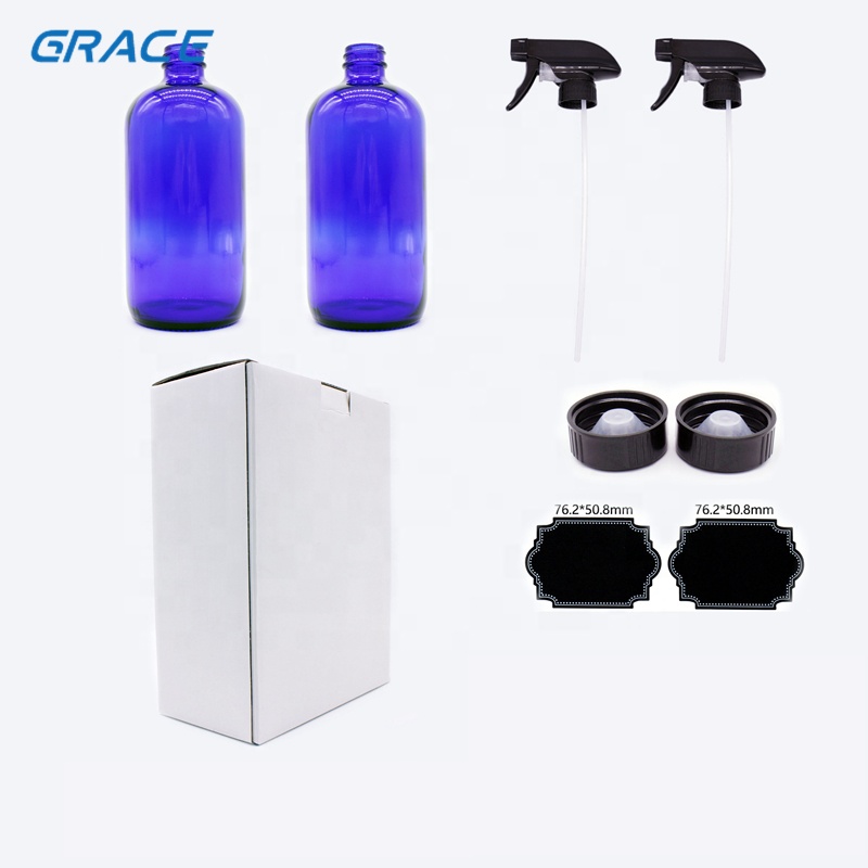 2 pack cobalt blue glass spray bottle with high quality black trigger sprayer