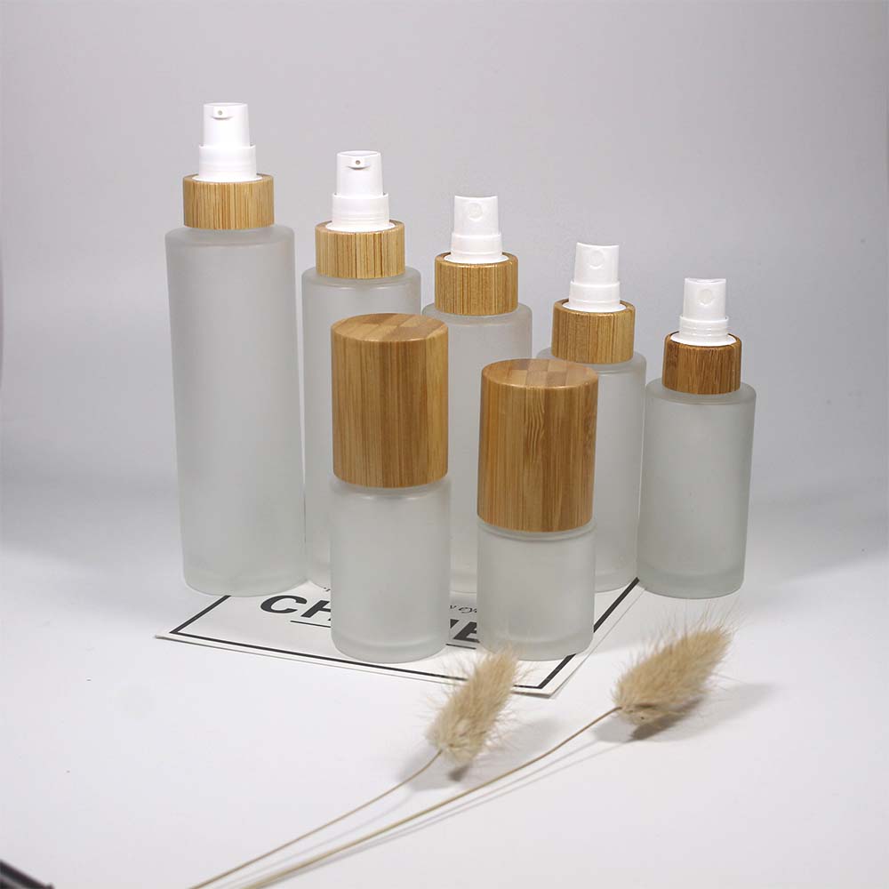 20~100ml Glass Frosted bamboo cover bottle ,lotion pump and spray pump bottle  cosmetics packaging   wholesale and retail