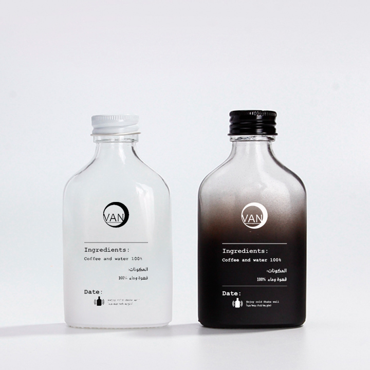 200 ML Flask Glass Bottle with Logo Printing and Metal Lid Flat Glass Bottle Cold Brew Coffee Hip