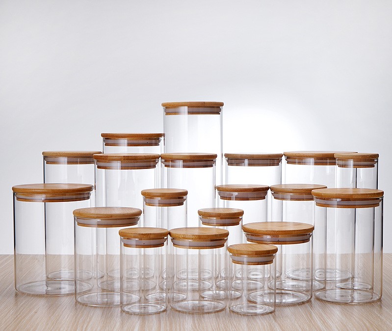 2000ml/66oz large bamboo glass jar coffee storage canister glass