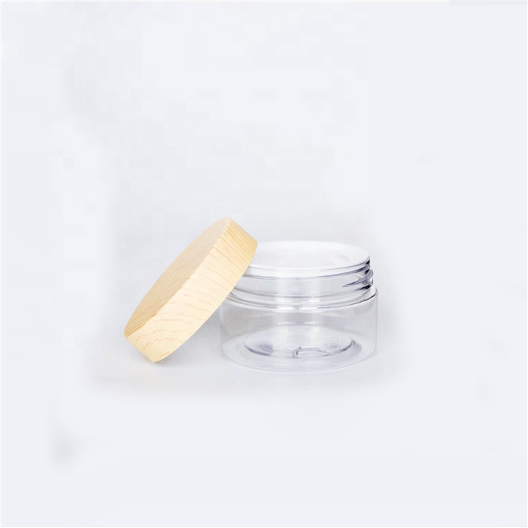 200Ml Pet Plastic Clear Wide Mouth Cosmetic Jar Candy Jar with Wood Cap