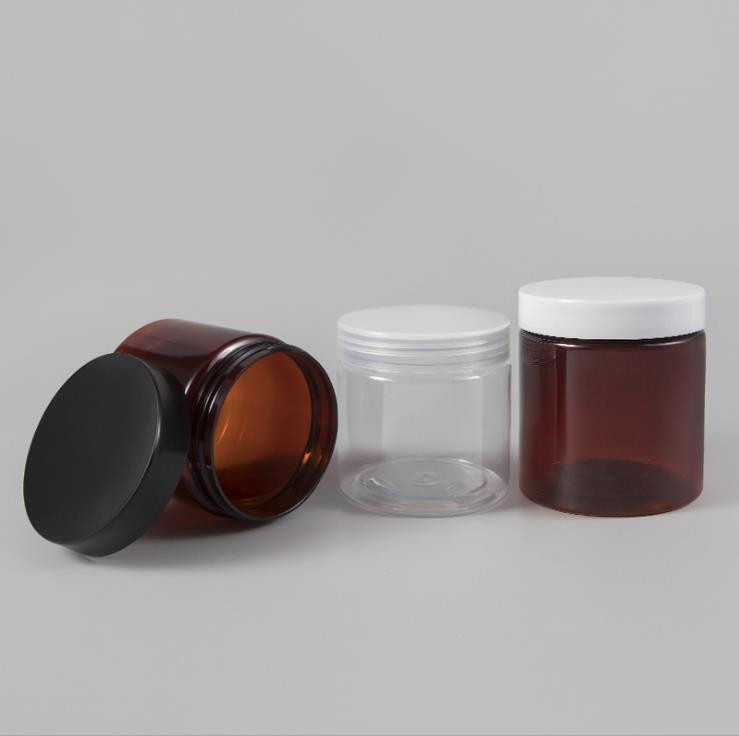 200g 250g cosmetic jars transparent amber plastic pet jar with white black lid