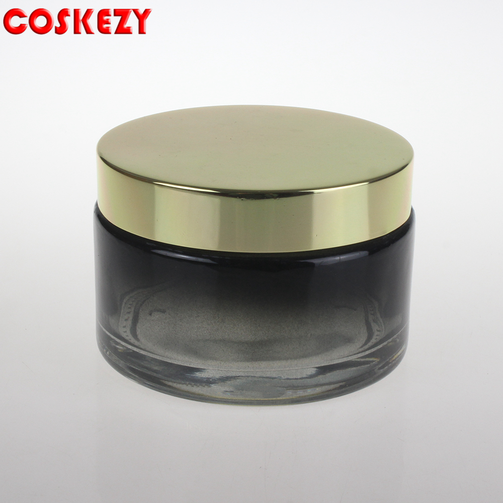 200g Wholesale Gradient Empty Gold Aluminum Lid Cosmetic Glass Packaging 200ml Skincare Container Black Glass Cosmetic Jar