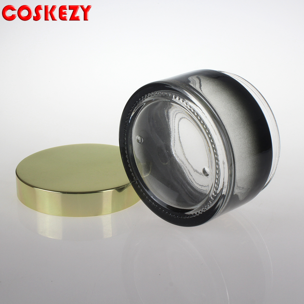 200g Wholesale Gradient Empty Gold Aluminum Lid Cosmetic Glass Packaging 200ml Skincare Container Black Glass Cosmetic Jar