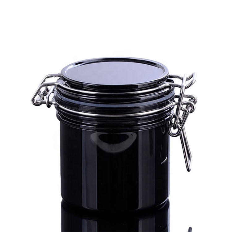 200g round black plastic PET sealed jar with metal lock for cosmetic container packaging