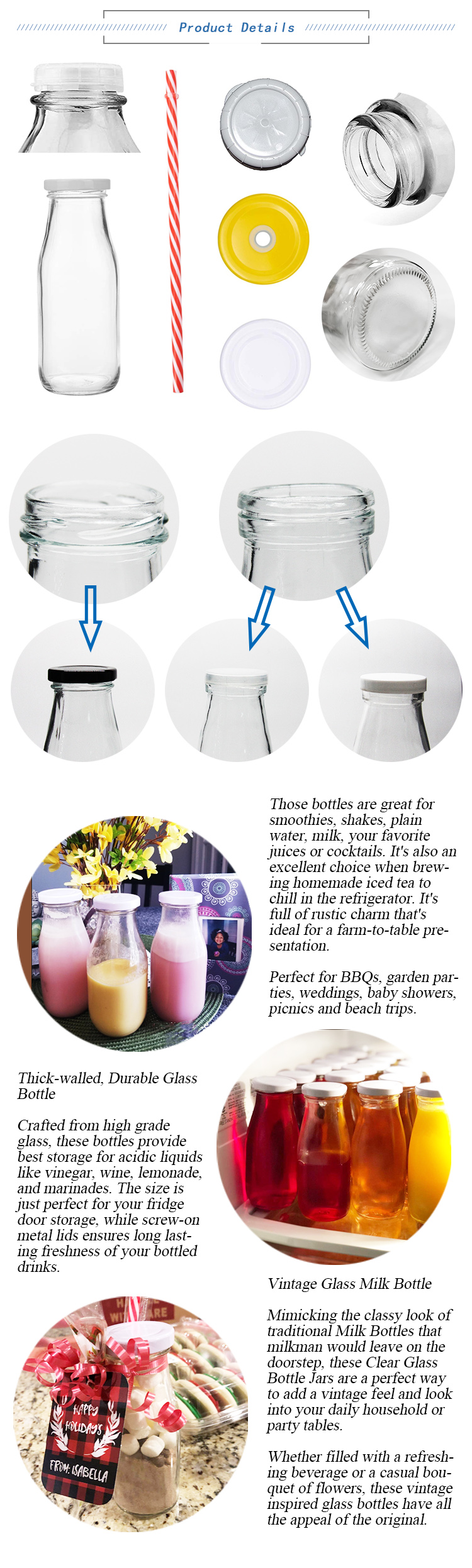 200ml 250ml 500ml Glass milk bottle with caps