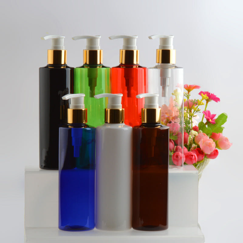 200ml 250ml 500ml Pet empty plastic amber blue shampoo bottle with black pump tops / round shape liquid lotion bottle dispenser