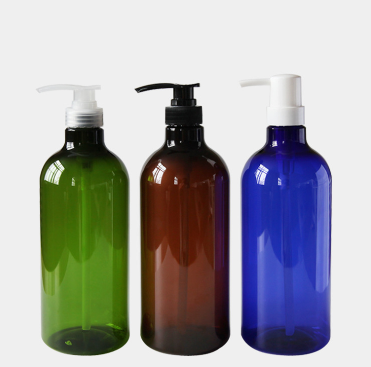 200ml 250ml 500ml Pet empty plastic amber blue shampoo bottle with black pump tops / round shape liquid lotion bottle dispenser