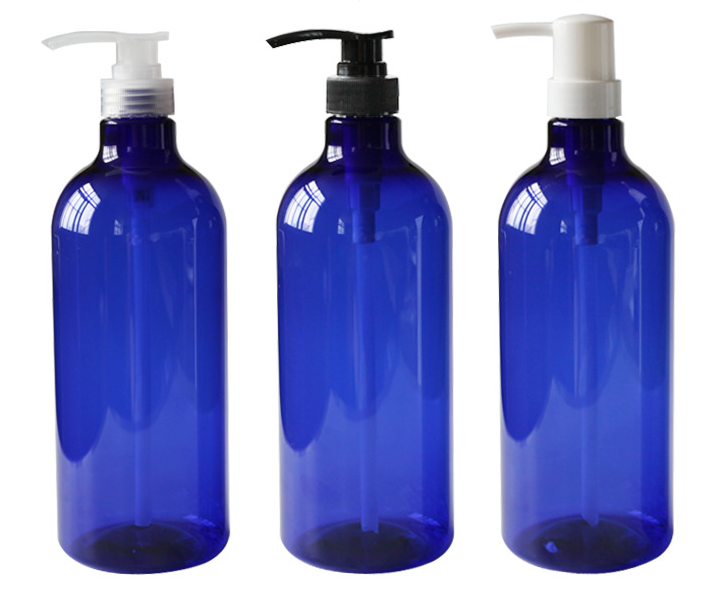 200ml 250ml 500ml Pet empty plastic amber blue shampoo bottle with black pump tops / round shape liquid lotion bottle dispenser