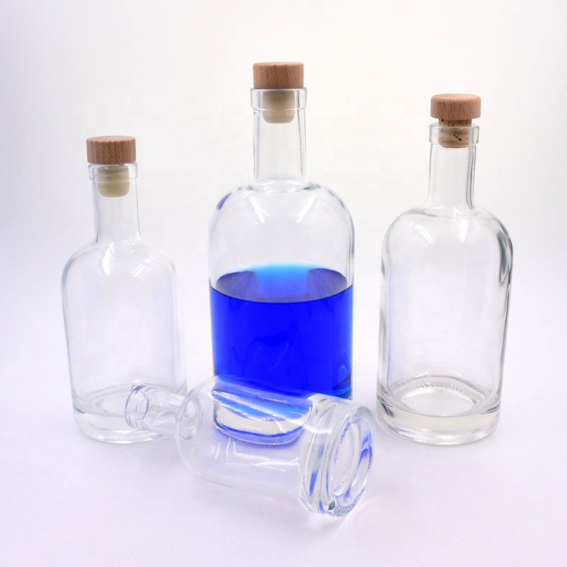 200ml 375ml 500ml 750ml 1000ml transparent round empty flint glass liquor wine Whisky Vodka tequila bottle with sealed cork lid