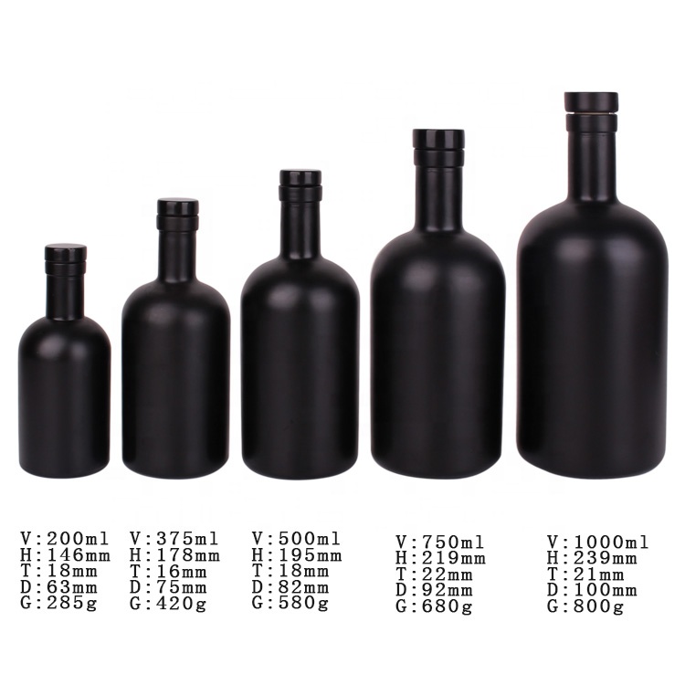 200ml 375ml 500ml matte black glass wine bottle vodka glass bottle with cork stopper