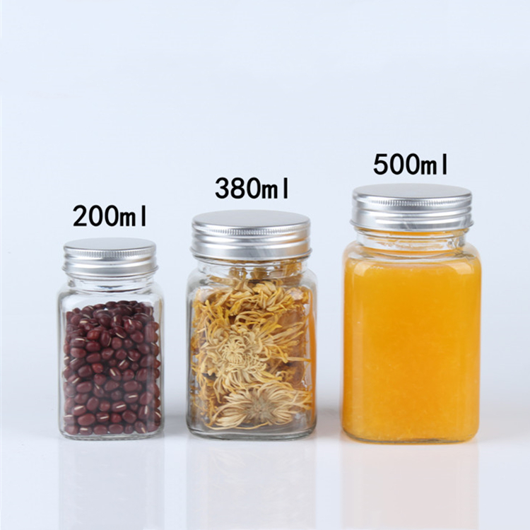 200ml 380ml 500ml wide mouth square glass storage jar with aluminum cover for honey jam pickles