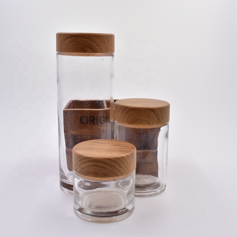 200ml 380ml 750ml clear round glass food storage jars candy snacks containers canister with screw top plastic Wood grain lid