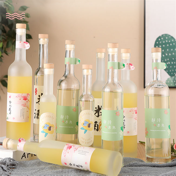 200ml 500ml customizable long neck clear frosted fruit liquor ice wine glass bottle with cork lid