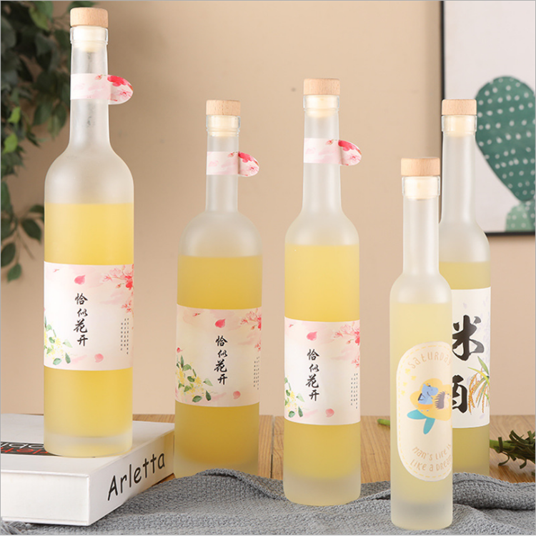 200ml 500ml customizable long neck clear frosted fruit liquor ice wine glass bottle with cork lid