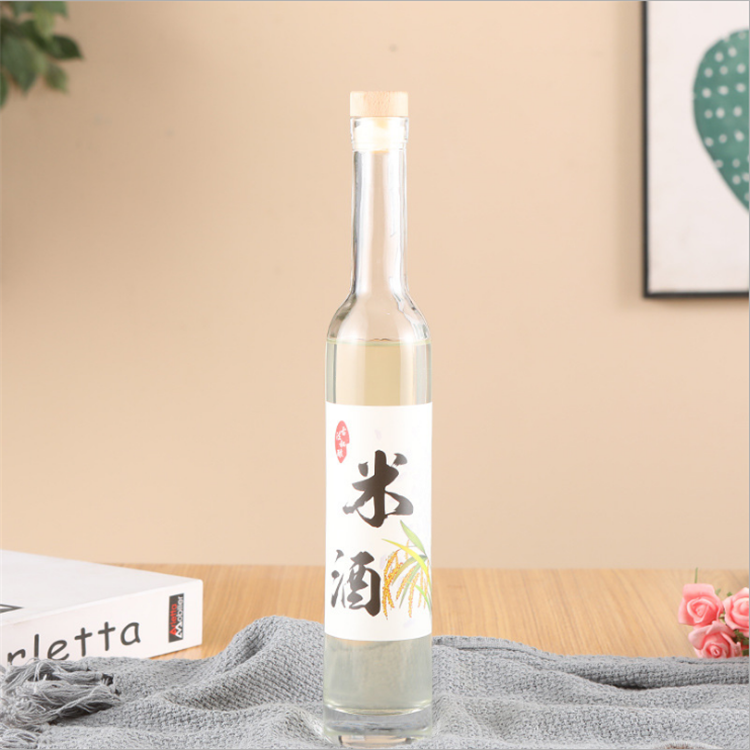 200ml 500ml customizable long neck clear frosted fruit liquor ice wine glass bottle with cork lid