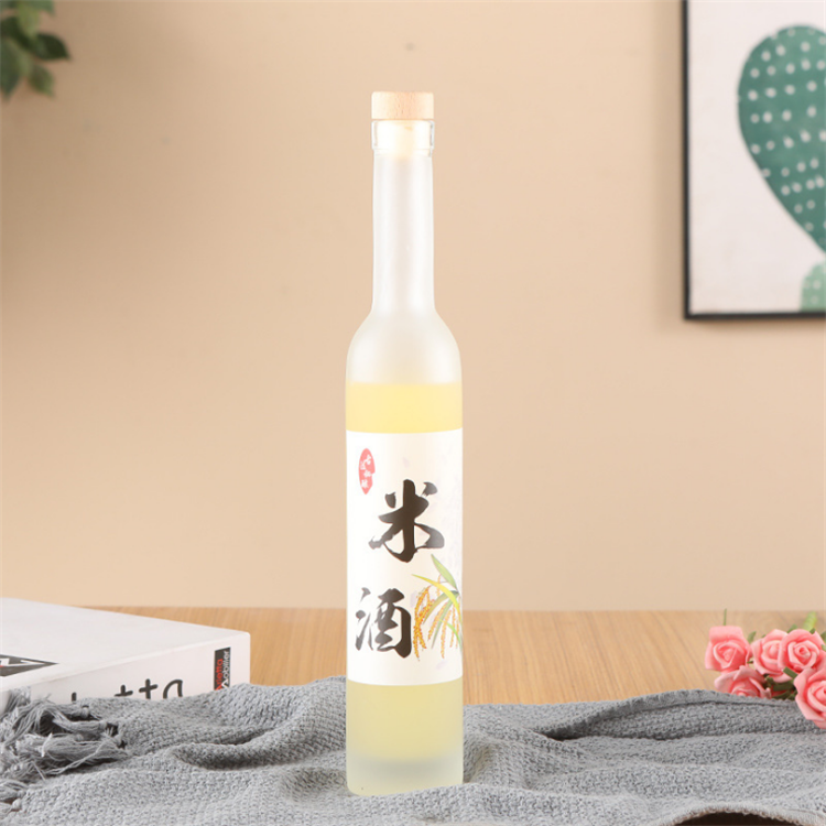 200ml 500ml customizable long neck clear frosted fruit liquor ice wine glass bottle with cork lid