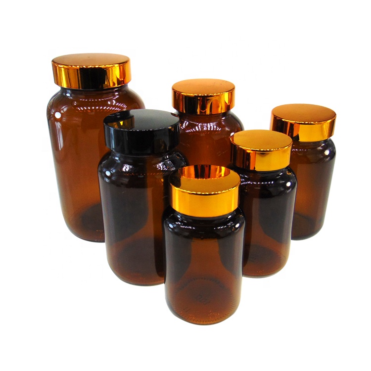 200ml Amber Round Airtight Glass Medicine Packer Bottle with Gold Lid for Vitamin