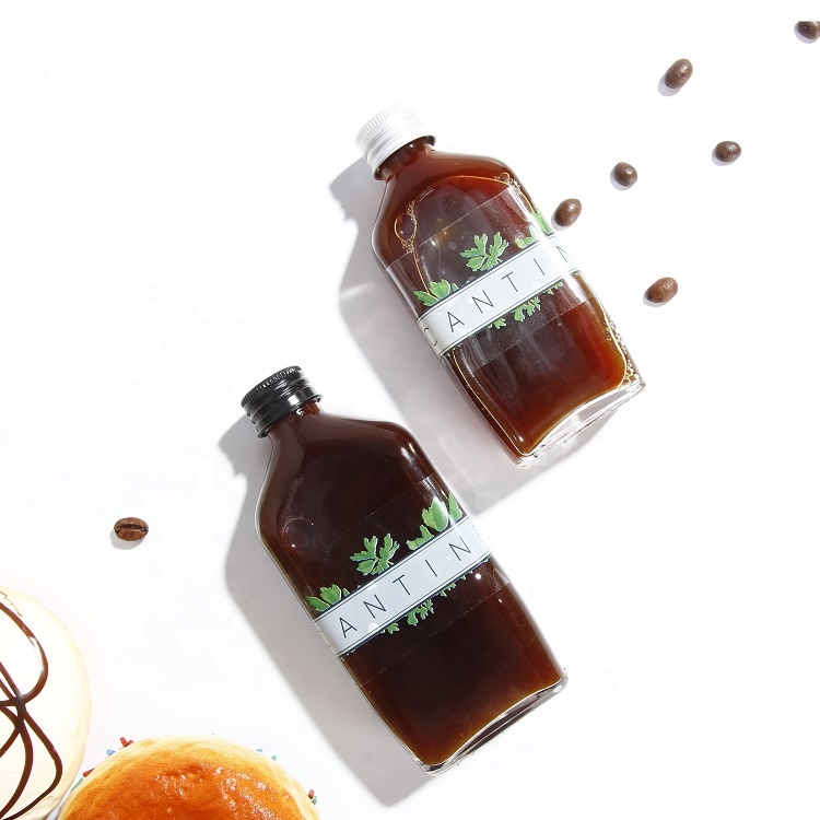 200ml Flat flask shape cold brew glass bottle for coffee liquor with black metal lid