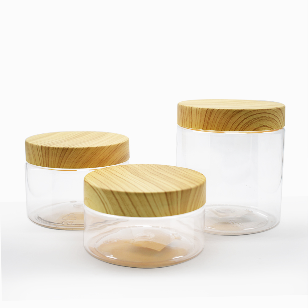 200ml PET clear plastic cream jar with bamboo cap for cosmetic jar