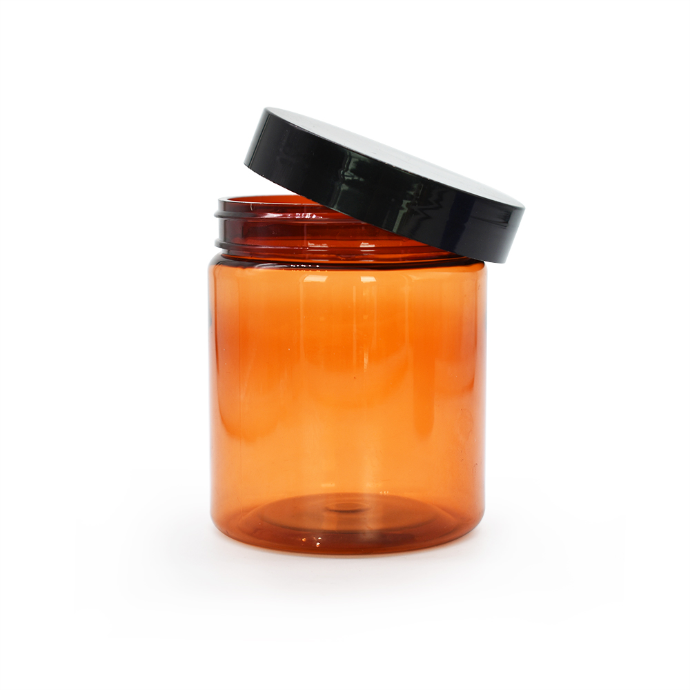 200ml amber PET plastic cream jar with black plastic cap for cosmetic jar