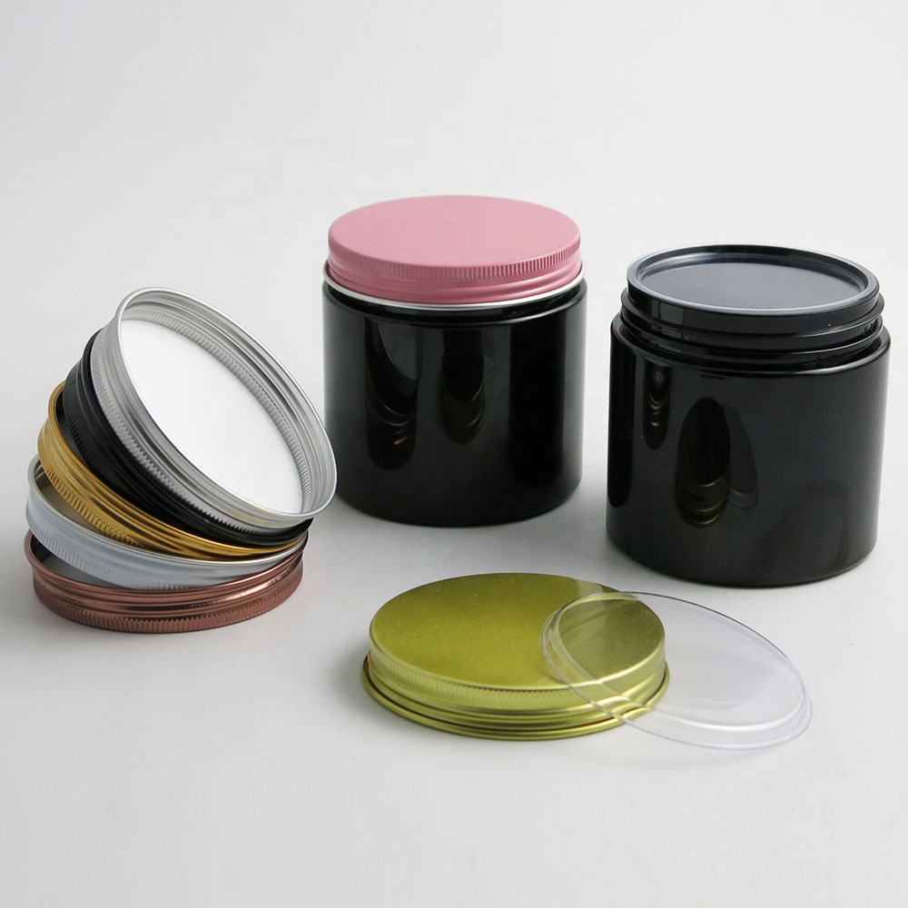 200ml black plastic cosmetics jar with aluminum lid