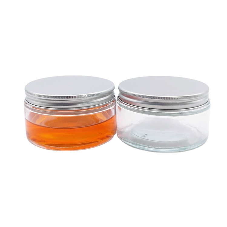 200ml oblate shape transparent packaging glass storage jar with 87mm sliver metal lid and gaskets