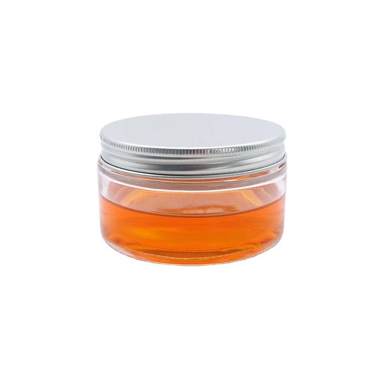 200ml oblate shape transparent packaging glass storage jar with 87mm sliver metal lid and gaskets