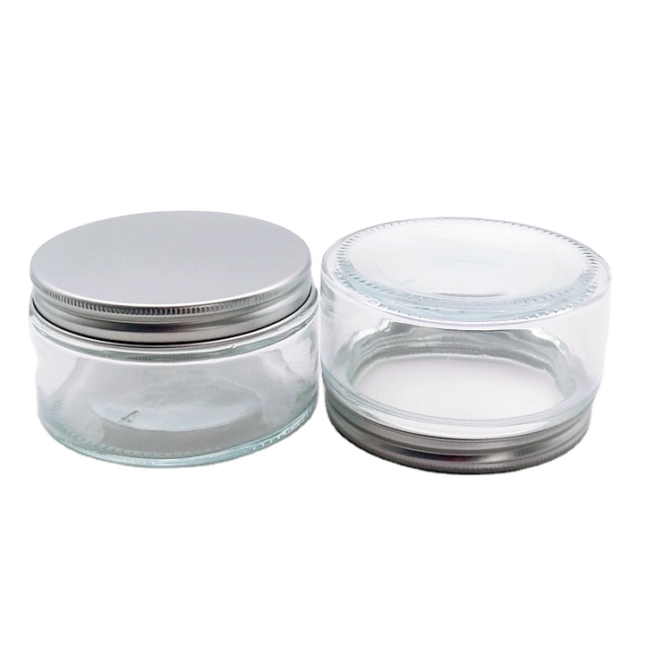 200ml oblate shape transparent packaging glass storage jar with 87mm sliver metal lid and gaskets