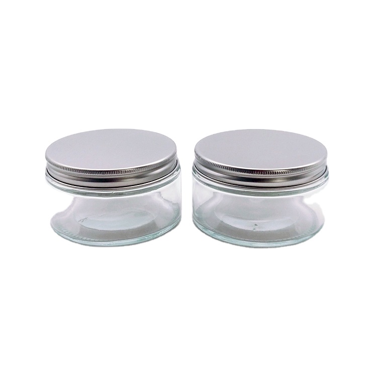 200ml oblate shape transparent packaging glass storage jar with 87mm sliver metal lid and gaskets