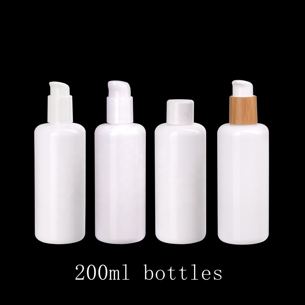 200ml opal white glass bottles empty cosmetic lotion bottles 200 ml with bamboo wood switch on-off pump for body lotion