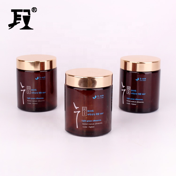200ml straight side amber glass food jar for storage honey cookie cosmetic with gold color lid