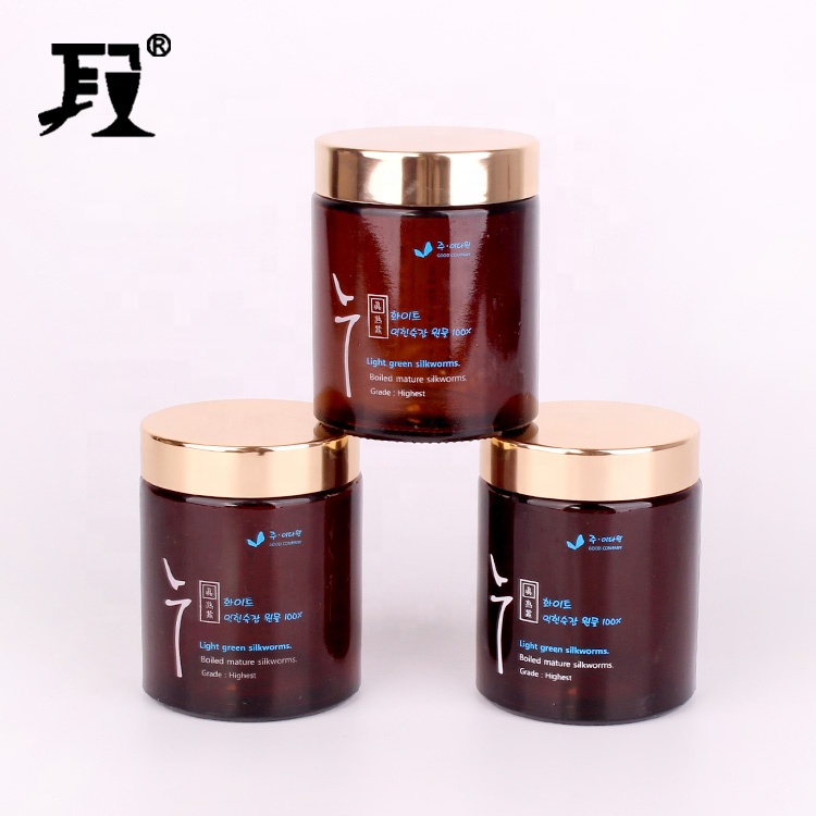 200ml straight side amber glass food jar for storage honey cookie cosmetic with gold color lid