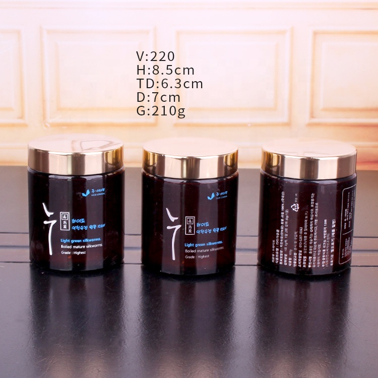 200ml straight side amber glass food jar for storage honey cookie cosmetic with gold color lid