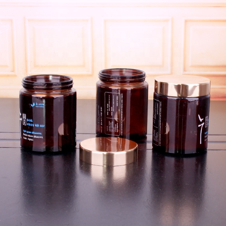 200ml straight side amber glass food jar for storage honey cookie cosmetic with gold color lid