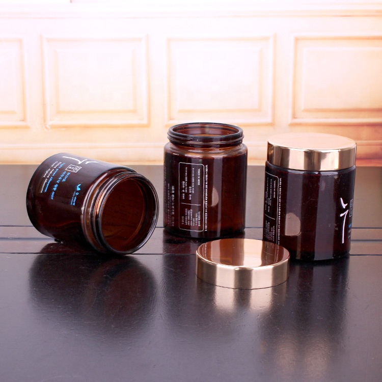 200ml straight side amber glass food jar for storage honey cookie cosmetic with gold color lid