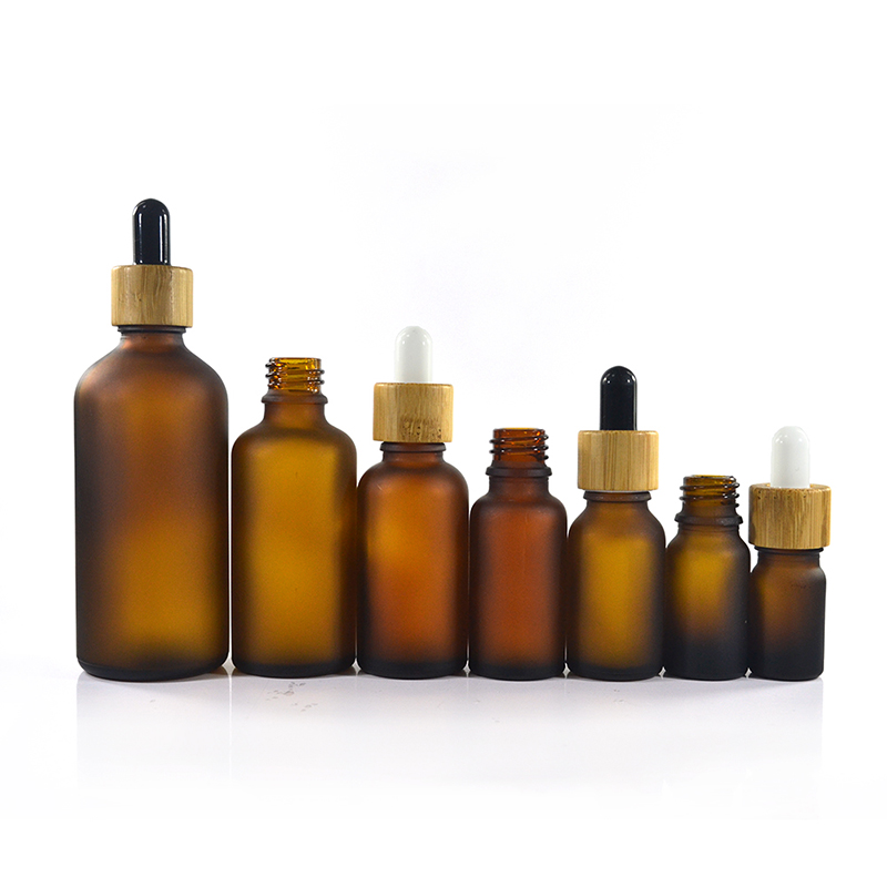 2018 New essential oil e liquid 5ml 10ml 15ml 20ml 30ml 50ml 60ml 100ml round  bamboo frosted amber  glass dropper bottle