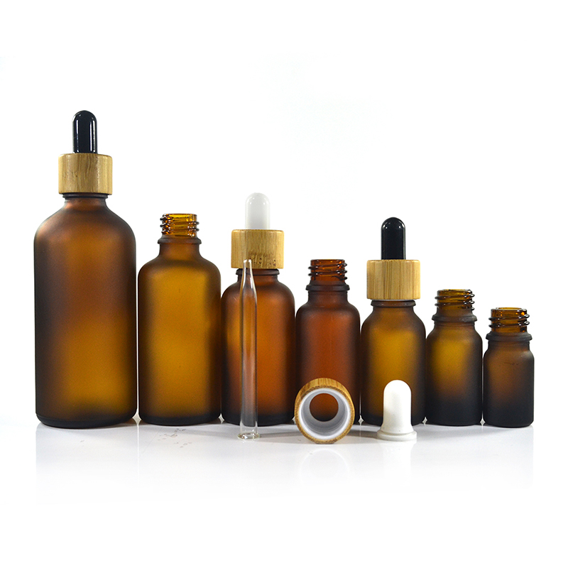 2018 New essential oil e liquid 5ml 10ml 15ml 20ml 30ml 50ml 60ml 100ml round bamboo frosted amber glass dropper bottle