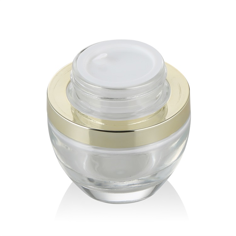 2018 hot sale mini 30g 50g transparent clear glass cosmetic face cream jar seal beauty care with shiny gold UV cap