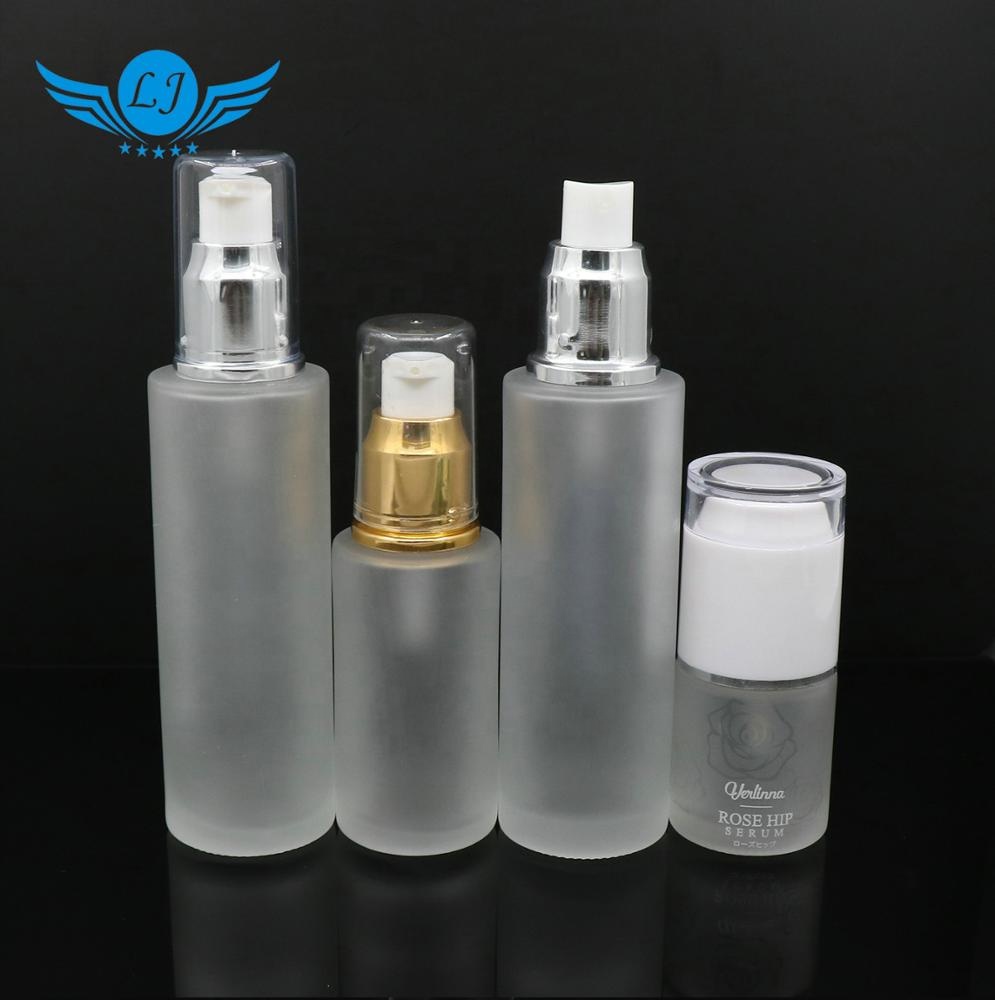 2019 High Quality Frosted Cylinder Skin Care glass Toner/ Essence pump Bottle,Acrylic Lotion bottle with pump for cosmetic use