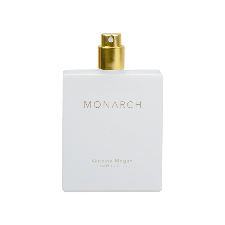 2019 High quality 10ml 50ml glossy white glass perfume gold aluminum crimp on sprayer bottle with hot stamping