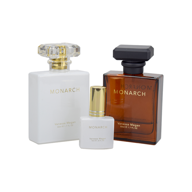 2019 High quality 10ml 50ml glossy white glass perfume gold aluminum crimp on sprayer bottle with hot stamping