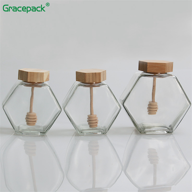 2019 Popular sales empty glass hexagon honey jar, glass jar hexagonal